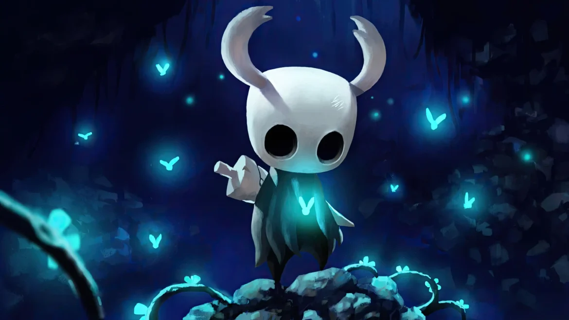 Hornet from Hollow Knight Silksong standing on a rocky ledge surrounded by glowing blue fireflies in a dark cave, 4K gaming wallpaper.