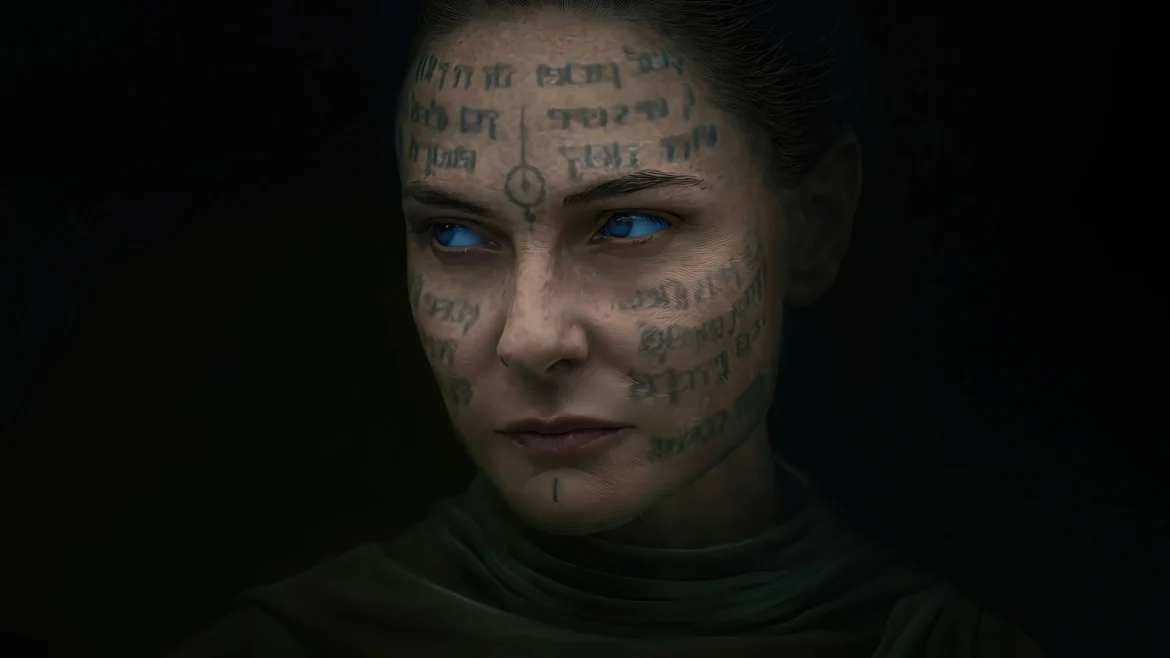 A close-up 4K movie wallpaper of Rebecca Ferguson as Lady Jessica from Dune, featuring intricate face markings and glowing blue eyes against a dark background.