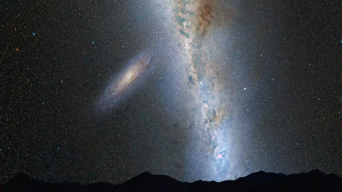 Milky Way galaxy wallpaper 4K with Andromeda galaxy and starry night sky over mountains