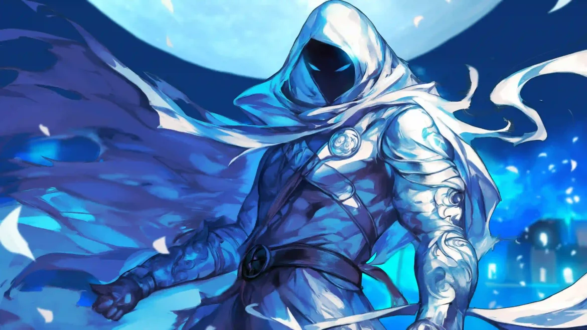 Moon Knight wallpaper 4K with glowing eyes and flowing cape under full moon night scene
