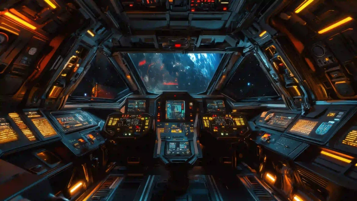 A high-detail 4K sci-fi wallpaper showing the interior of a futuristic spacecraft cockpit with glowing amber consoles and a view of a nebula through the reinforced glass.