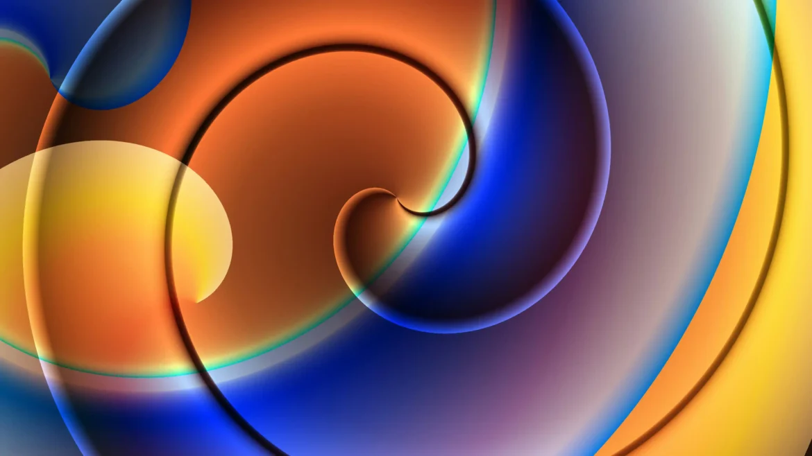 A vibrant 4K abstract wallpaper featuring a hypnotic, multi-layered spiral with a smooth fusion of orange, deep blue, and golden yellow tones and soft lighting effects.