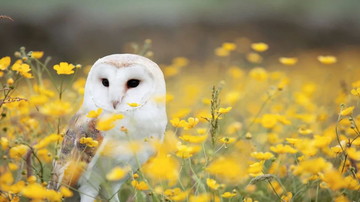 Barn owl standing in a yellow wildflower meadow nature wildlife 4K wallpaper