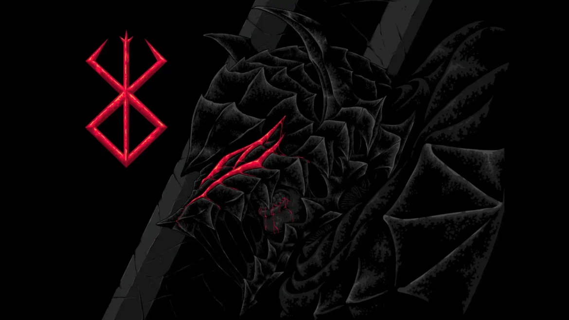 Berserk Dragon Slayer armor 4K wallpaper with glowing red eclipse symbol and dark anime aesthetic