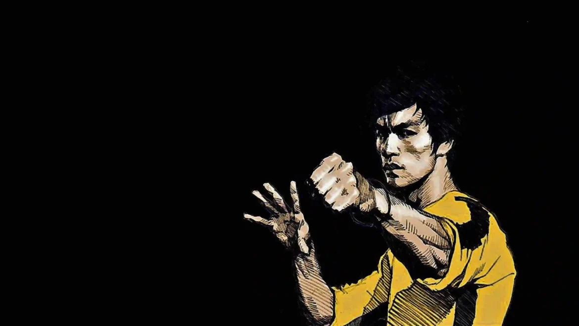 Bruce Lee minimalist wallpaper 4K with martial arts pose on black background