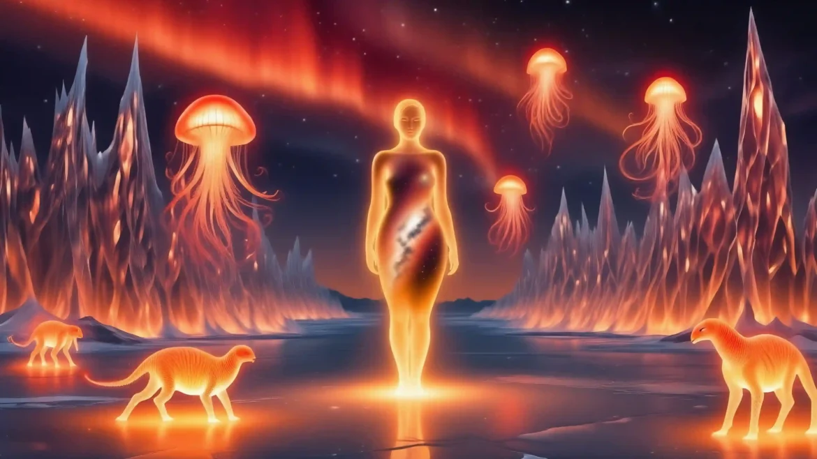 Celestial fantasy art 4K wallpaper with glowing cosmic figure and surreal alien landscape