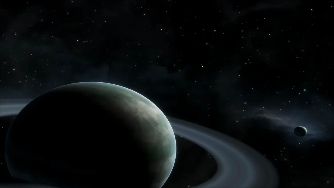 Dark planet space 4K wallpaper with ringed galaxy and star-filled cosmic night sky