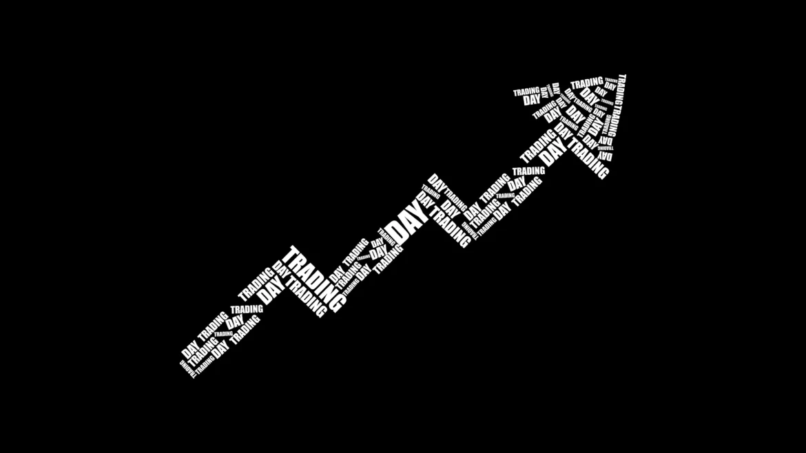 Day trading 4K wallpaper featuring upward arrow made of trading typography