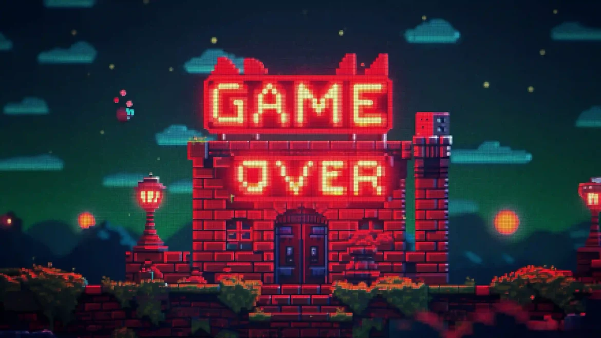 Game Over pixel art 4K wallpaper featuring retro neon arcade gaming scene