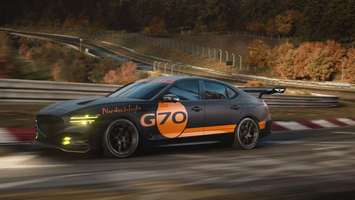 Genesis G70 Track Day Special 4K wallpaper racing on wet racetrack