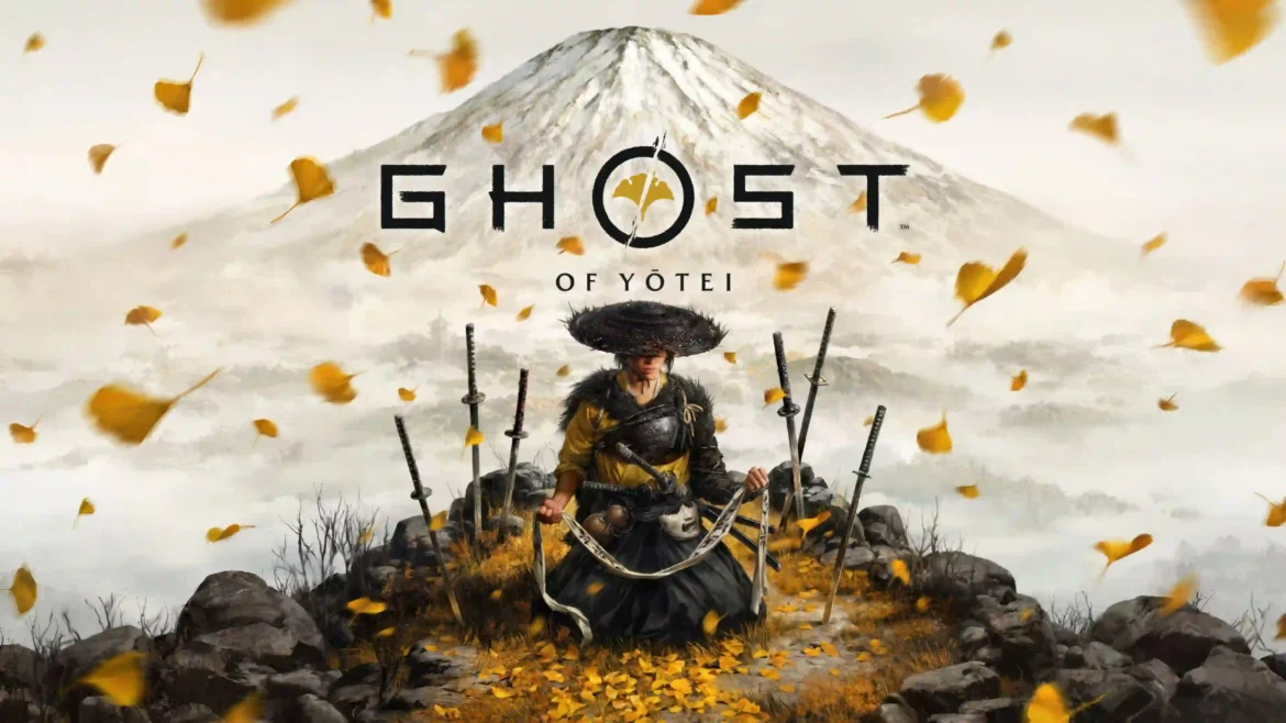 Ghost of Yōtei samurai wallpaper 4K with warrior sitting among swords and snowy mountain background