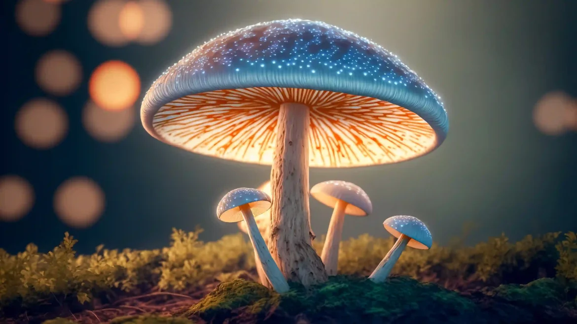 Glowing bioluminescent mushroom forest 4K fantasy wallpaper with magical lighting