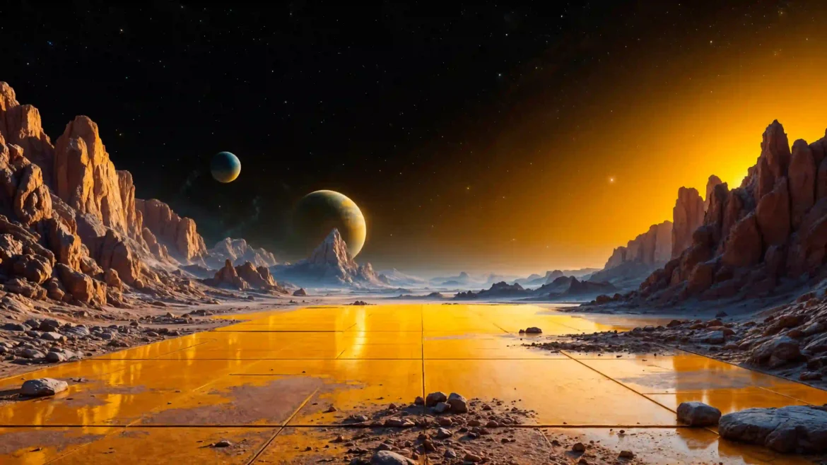 Futuristic golden platform on a rocky alien planet with two moons and an orange sunset 4K wallpaper
