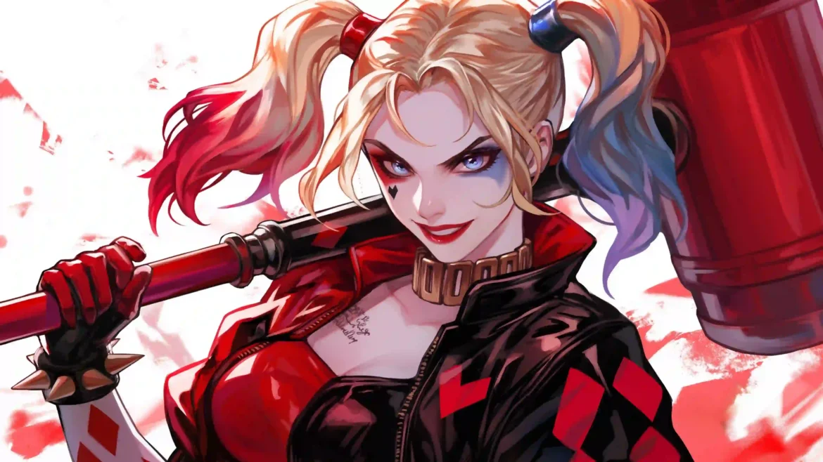 Harley Quinn anime style 4K wallpaper with giant mallet and red black DC comic aesthetic