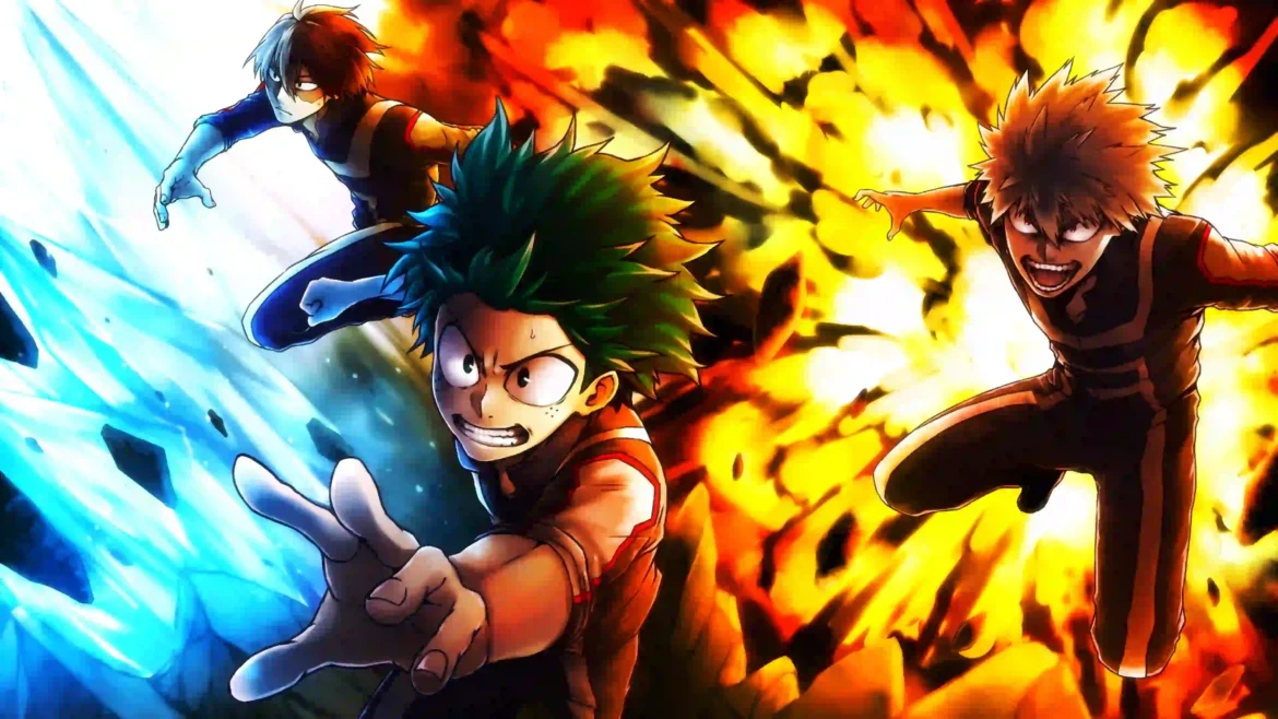 My Hero Academia heroes 4K wallpaper featuring anime action battle with fire and ice powers