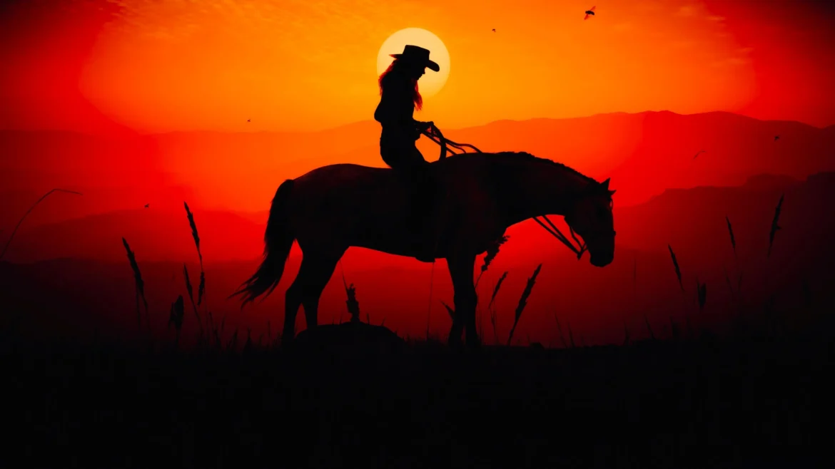 Red Dead Redemption 2 cowgirl sunset 4K wallpaper with horse silhouette and cinematic western landscape