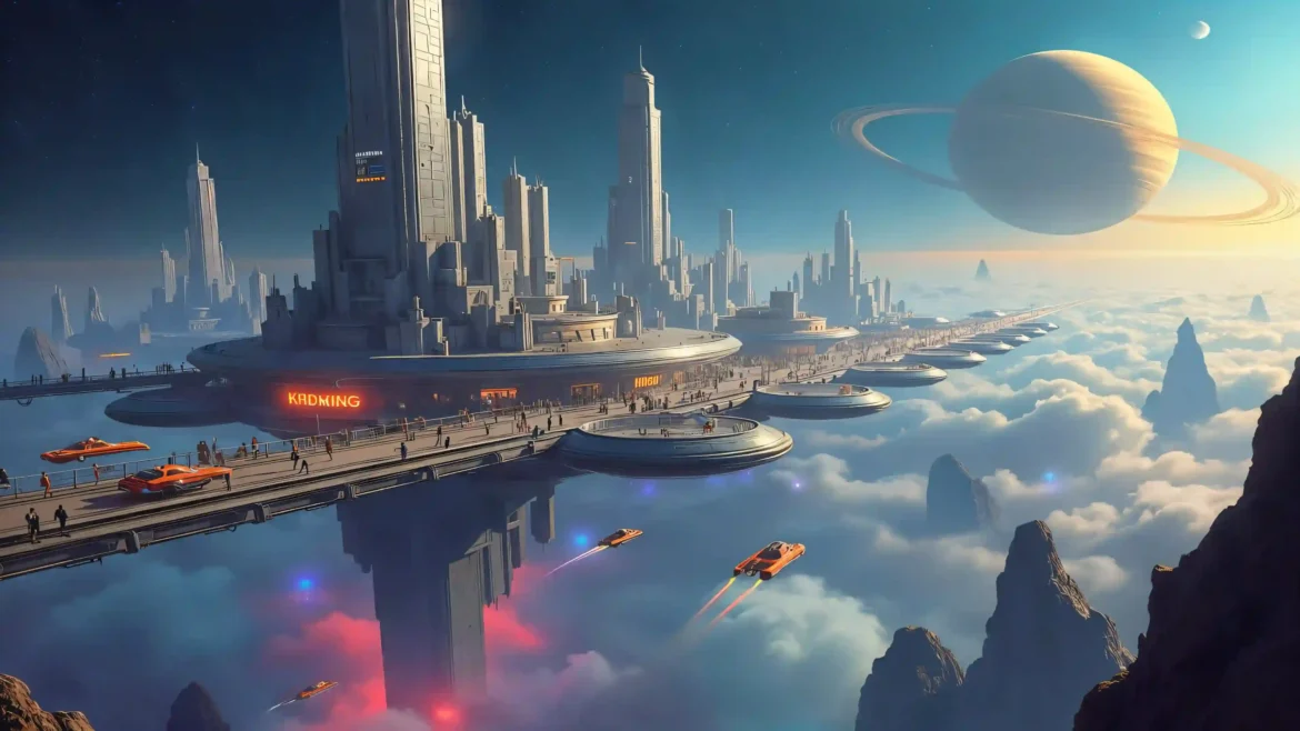 Retro futuristic space city 4K wallpaper with floating sci-fi metropolis and ringed planet