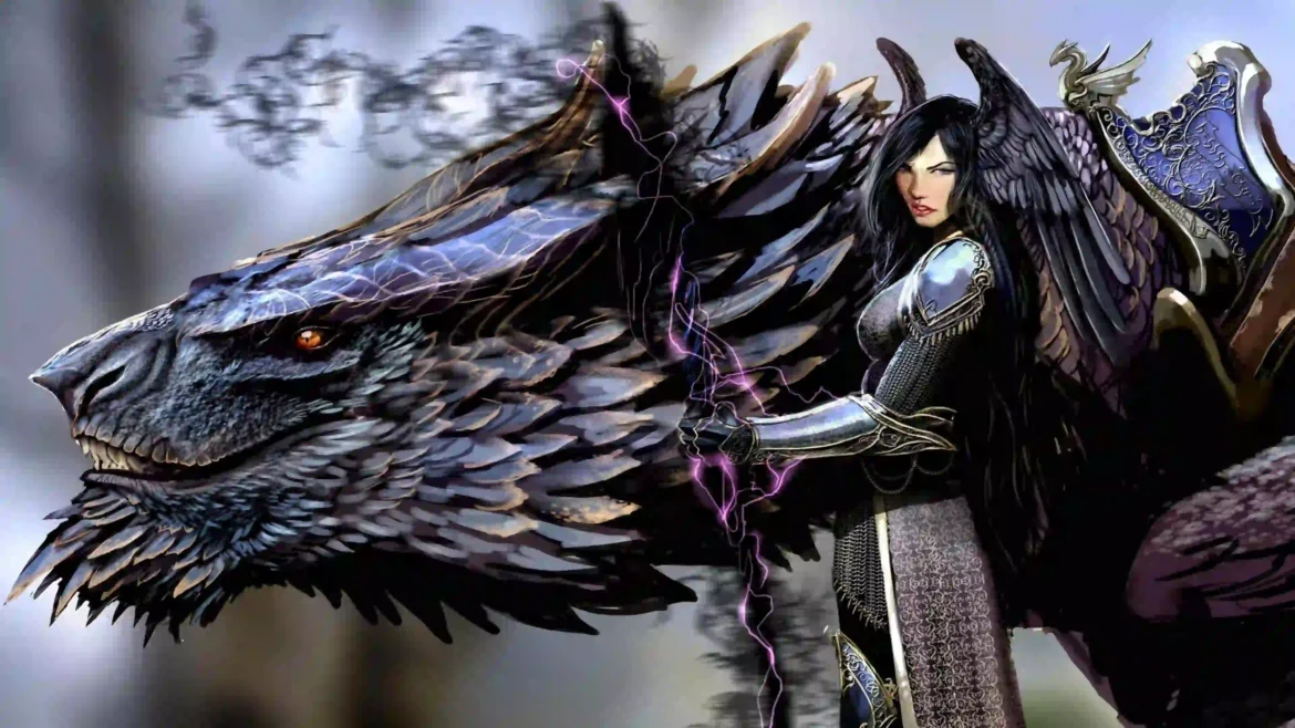 Fantasy valkyrie warrior with black wings standing next to a large dark dragon 4K wallpaper