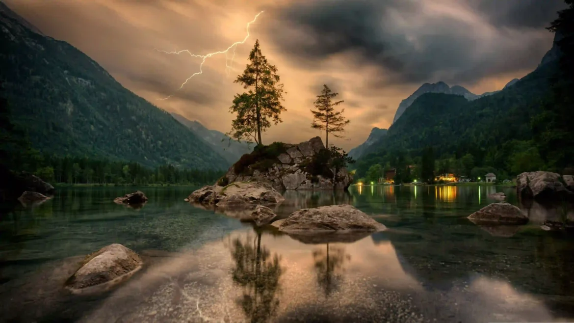 Thunderstorm mountain lake 4K wallpaper with lightning and cinematic reflections