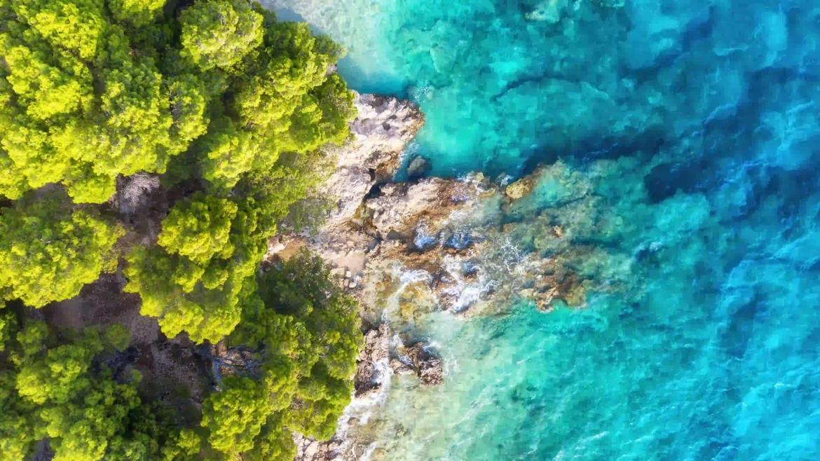 Aerial tropical coastline 4K wallpaper with turquoise ocean water, rocky shore, and lush green forest