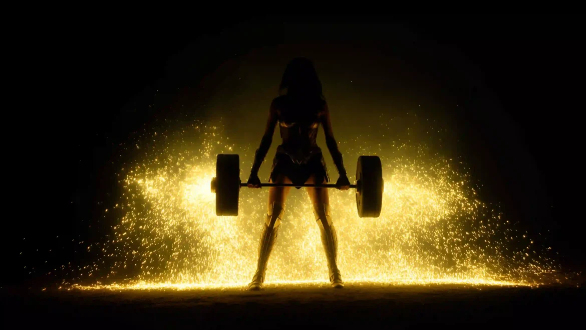 Wonder Woman deadlift wallpaper 4K with golden sparks and dark cinematic background