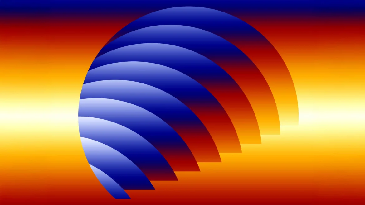 Abstract geometric wallpaper featuring layered blue arcs against a vibrant orange and yellow gradient horizon background