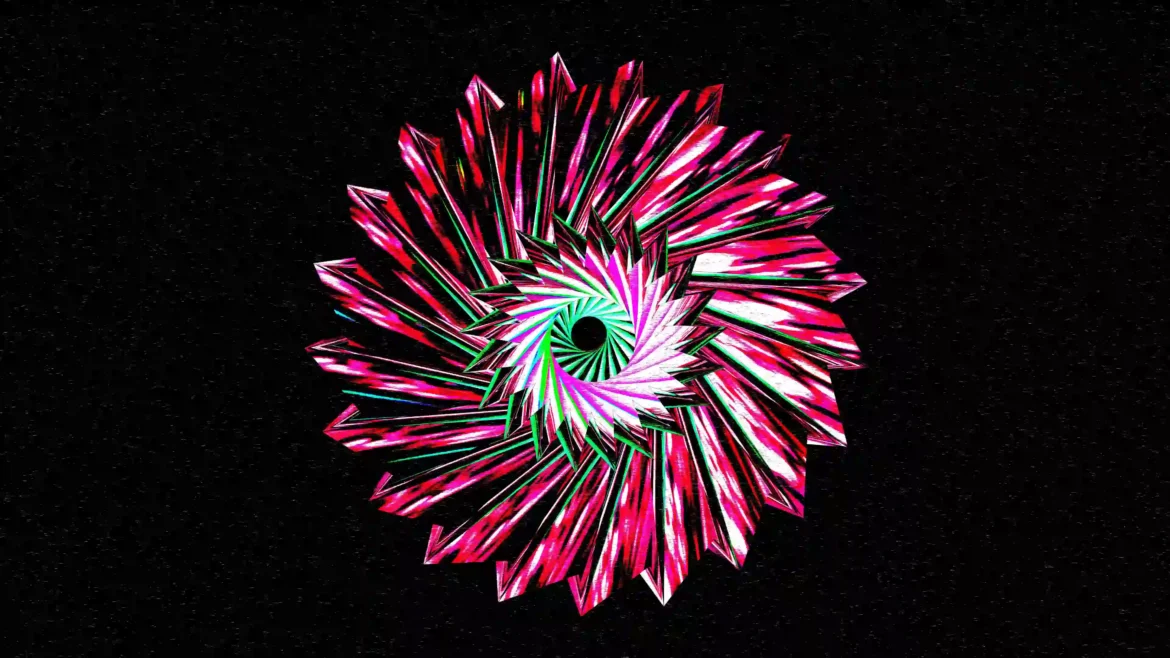 Abstract neon spiral 4K wallpaper featuring a vibrant fractal vortex with glowing pink, green, and white crystalline shapes on a black cosmic background