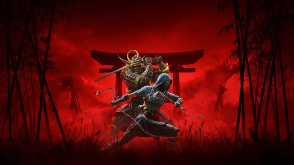 Assassin’s Creed Shadows wallpaper featuring a samurai warrior and shinobi assassin standing before a torii gate in a dramatic red battlefield