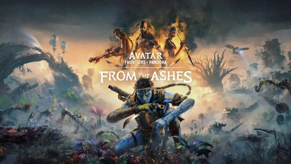 Avatar Frontiers of Pandora From the Ashes wallpaper featuring a Na'vi warrior in a cinematic alien battlefield