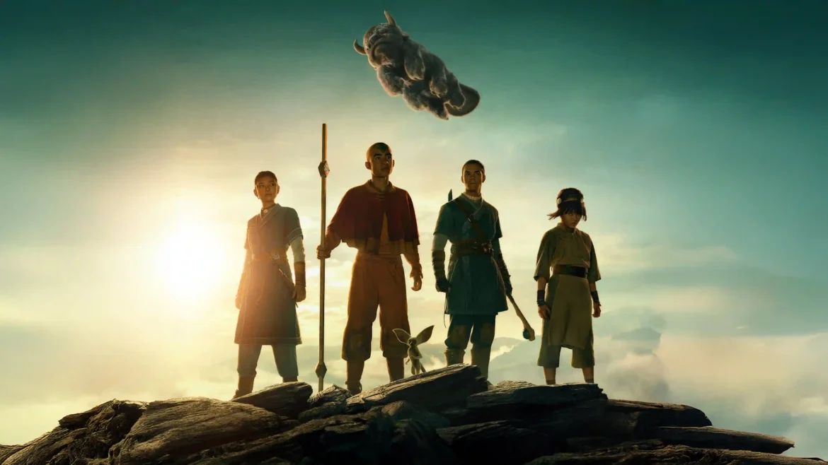 Avatar The Last Airbender Season 2 wallpaper featuring Aang, Katara, Sokka, Toph, and Appa standing on a mountain peak at sunrise in cinematic 4K quality