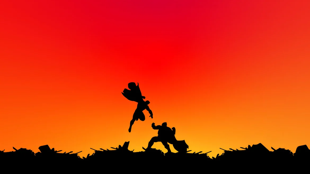 Batman and Superman fighting silhouette against a red and orange sunset gradient 4K wallpaper
