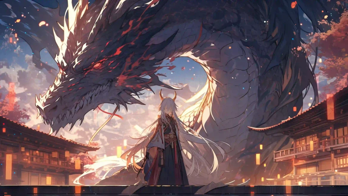 Anime dragon wallpaper featuring a giant mythical dragon towering over a white-haired warrior in a traditional Japanese village with cinematic fantasy lighting