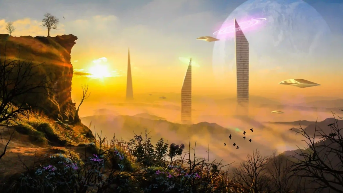Sci-fi landscape wallpaper featuring futuristic towers, UFOs, a giant moon, and a golden sunrise above the clouds in stunning 4K Ultra HD