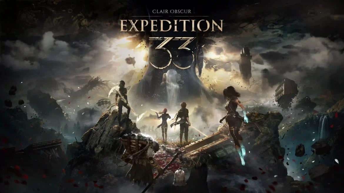 Characters standing on a cliff looking toward a glowing structure in Clair Obscur Expedition 33 4K wallpaper