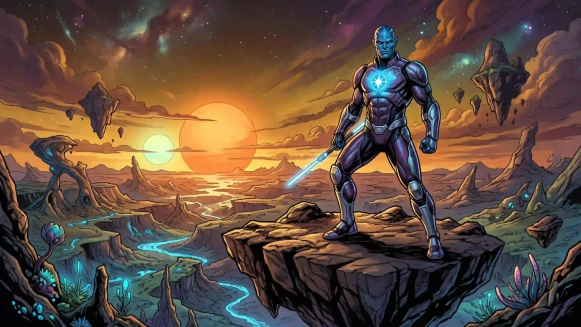 Comic-style 4K wallpaper featuring a futuristic blue-armored cosmic guardian standing on an alien planet with twin suns, floating islands, and glowing rivers