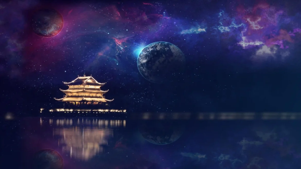 Fantasy pagoda reflected on calm water beneath a cosmic sky filled with planets, stars, and colorful nebulae