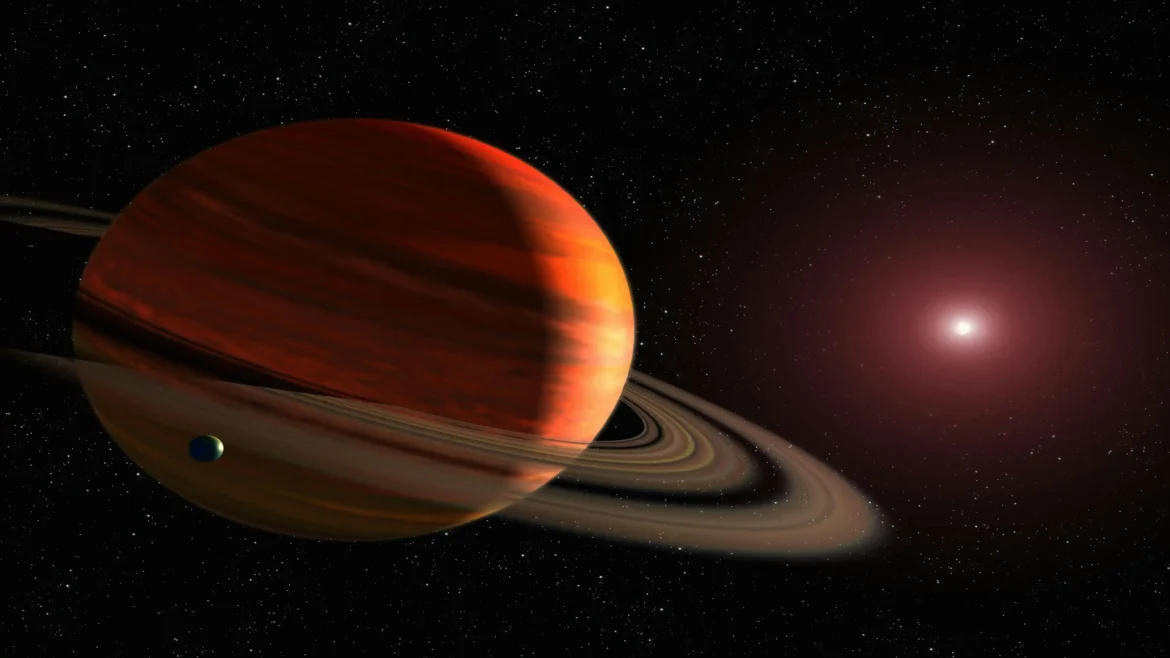 Red ringed planet in deep space illuminated by a distant star with a moon and cosmic background in a 4K wallpaper