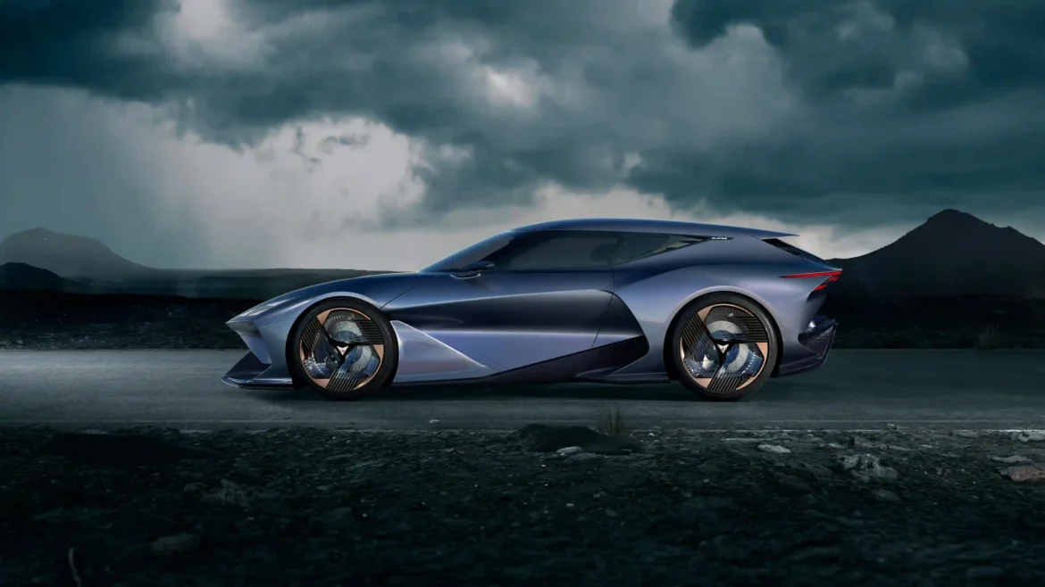 Cupra DarkRebel concept electric sports car profile view on a road under storm clouds 4K wallpaper