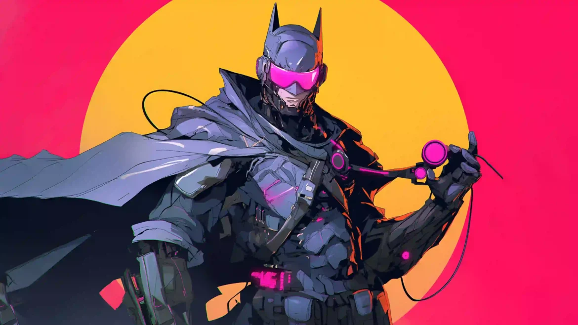 Cyberpunk Batman wallpaper featuring futuristic armor, pink neon visor, and glowing sunset background in a sci-fi comic style