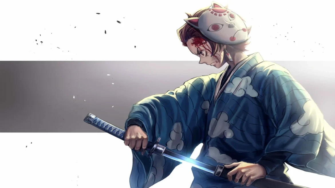 Tanjiro Kamado drawing a glowing blue katana sword with a warding mask on his head anime 4K wallpaper