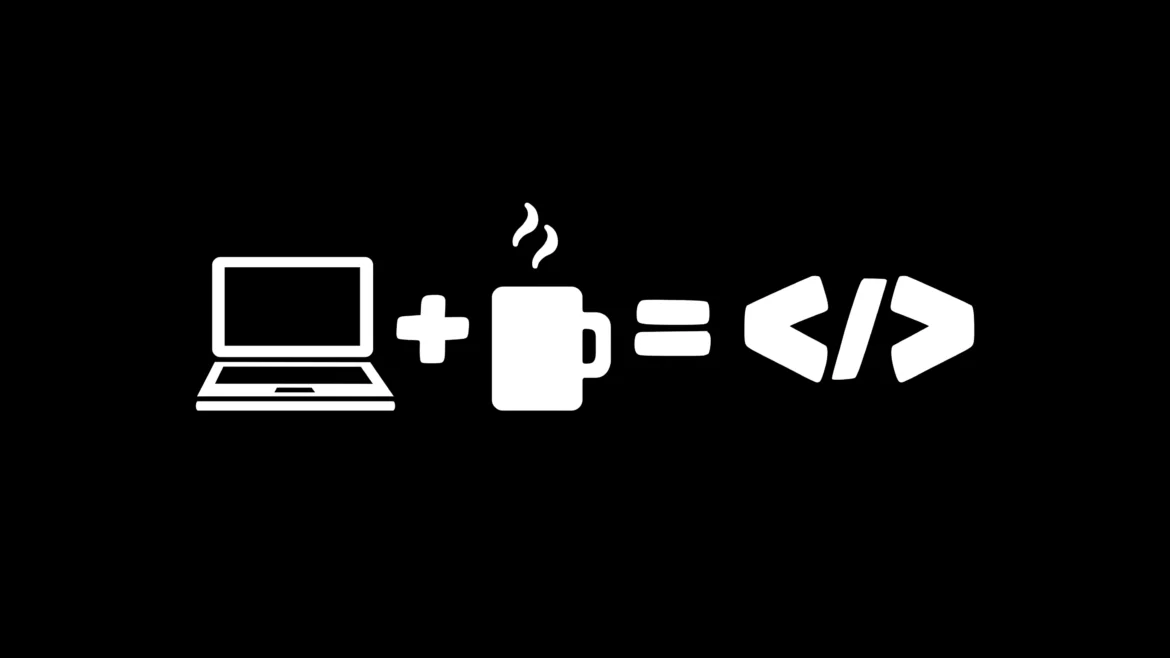 Laptop plus coffee cup equals code tags white vector icons on a black background 4K minimalist developer wallpaper