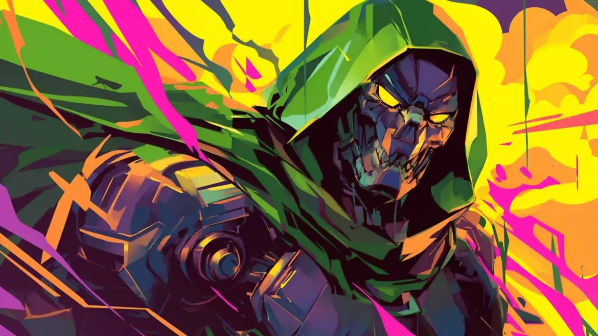 Doctor Doom 4K wallpaper featuring the iconic Marvel villain in vibrant neon comic art with glowing eyes and futuristic armor