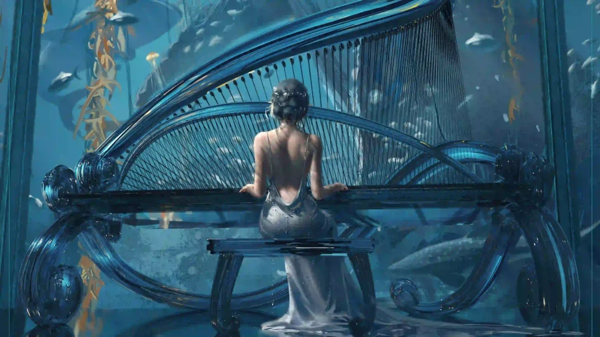 Fantasy underwater harp wallpaper featuring a graceful musician surrounded by marine life in a magical ocean setting, ultra-detailed 4K artwork