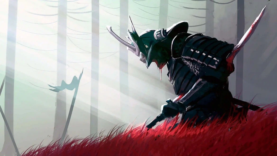 Dark armored samurai kneeling in a misty forest surrounded by crimson grass 4K wallpaper