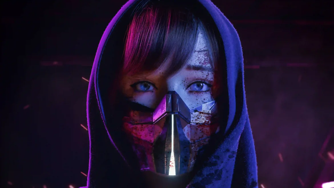 Atsu with glowing blue eyes wearing a metal mask and hood in Ghost of Yotei 4K gaming wallpaper