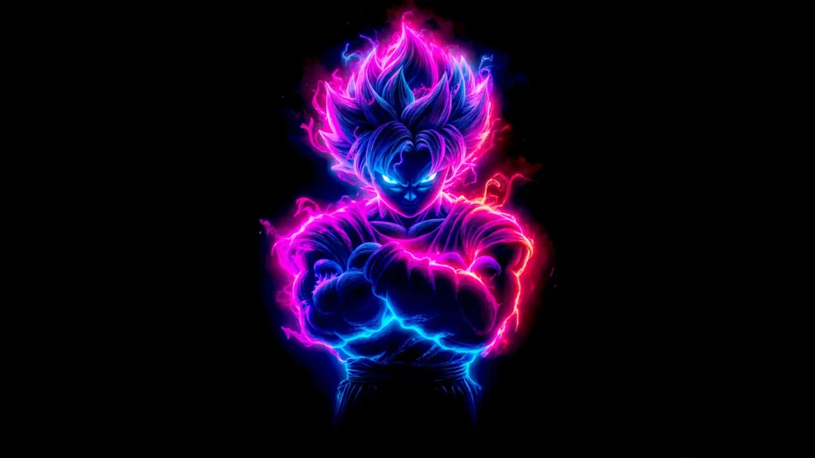 Goku surrounded by a glowing neon blue and pink energy aura in Dragon Ball 4K wallpaper