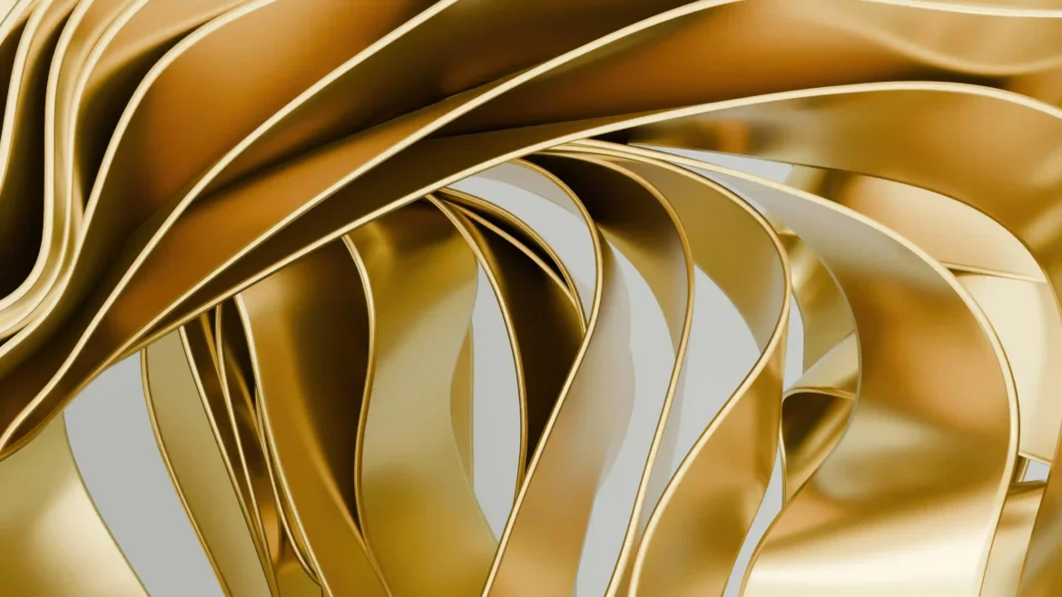 Golden abstract wallpaper featuring flowing metallic ribbons with luxurious curves and elegant modern design