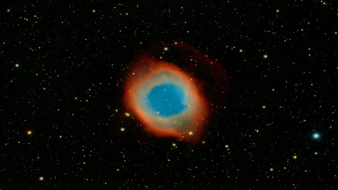 The Helix Nebula cosmic eye with a turquoise center and orange ring surrounded by stars 4K astrophotography space wallpaper