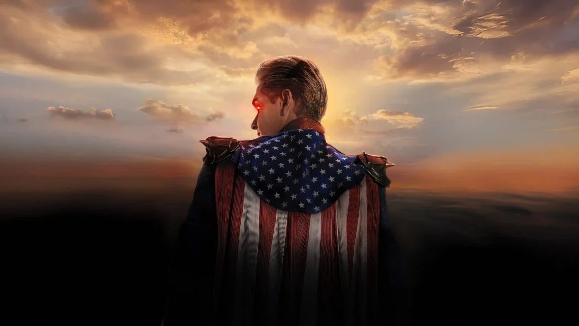 Homelander from the back with a glowing red heat vision eye and American flag cape at sunset 4K wallpaper
