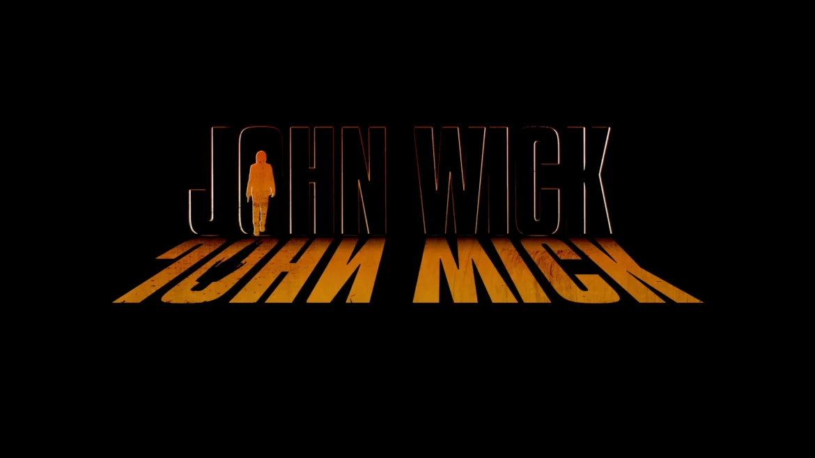 Minimalist John Wick 4K wallpaper featuring the iconic movie title with a golden silhouette on a black background